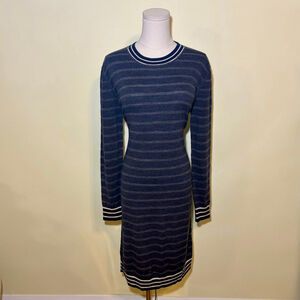 Lacoste Women's Devanlay Long Sleeve Striped Merino Knit Dress Navy & Grey, SZ L